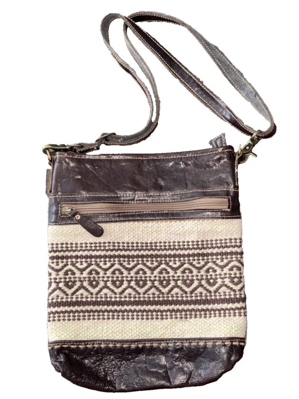 Myra Bag Boho Cotton Weave Southwest Aztec Leather Crossbody Purse Bag 13”L x 10